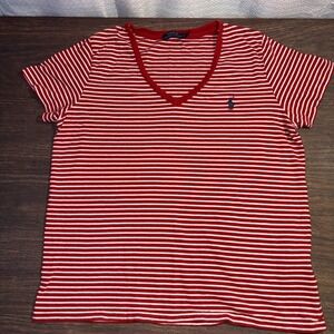 Polo Ralph Lauren Women's Large Short Sleeve Red White Striped V Neck Shirt